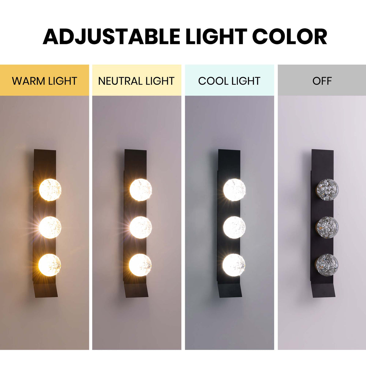 Modern 3-Light Black Unique Dimmable LED Wall Sconce Light with Crystal Bubble Glass Shade