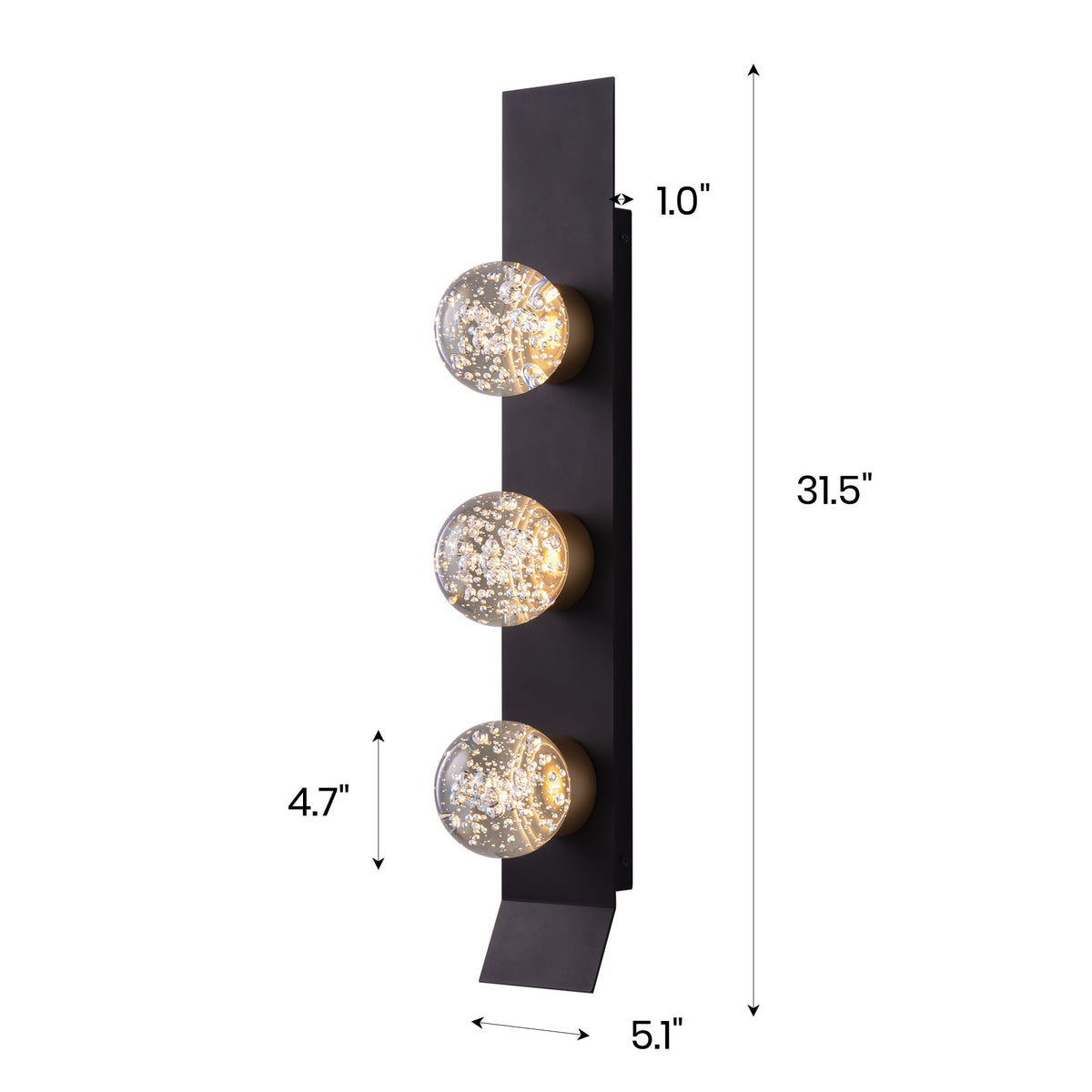 Modern 3-Light Black Unique Dimmable LED Wall Sconce Light with Crystal Bubble Glass Shade