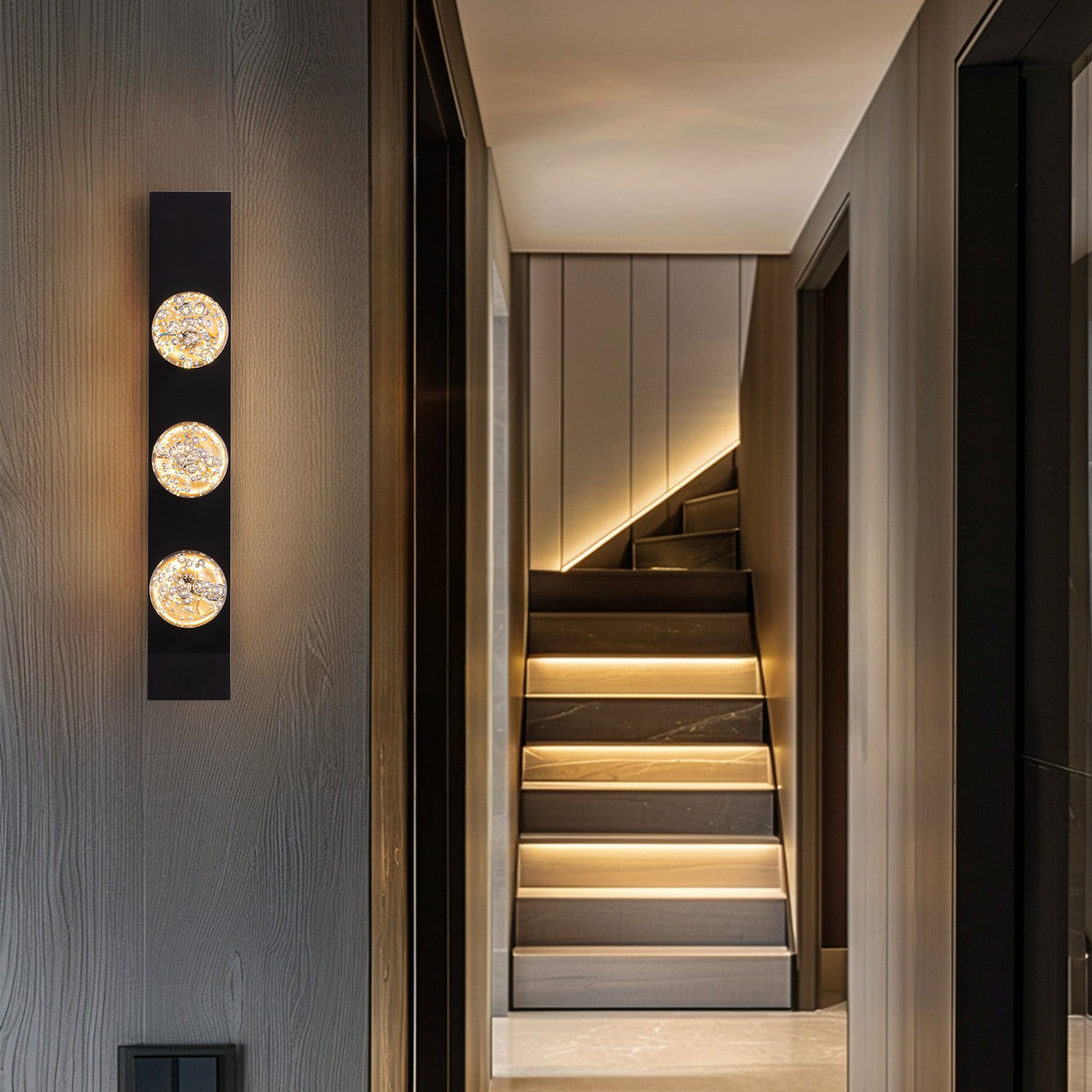 Modern 3-Light Black Unique Dimmable LED Wall Sconce Light with Crystal Bubble Glass Shade