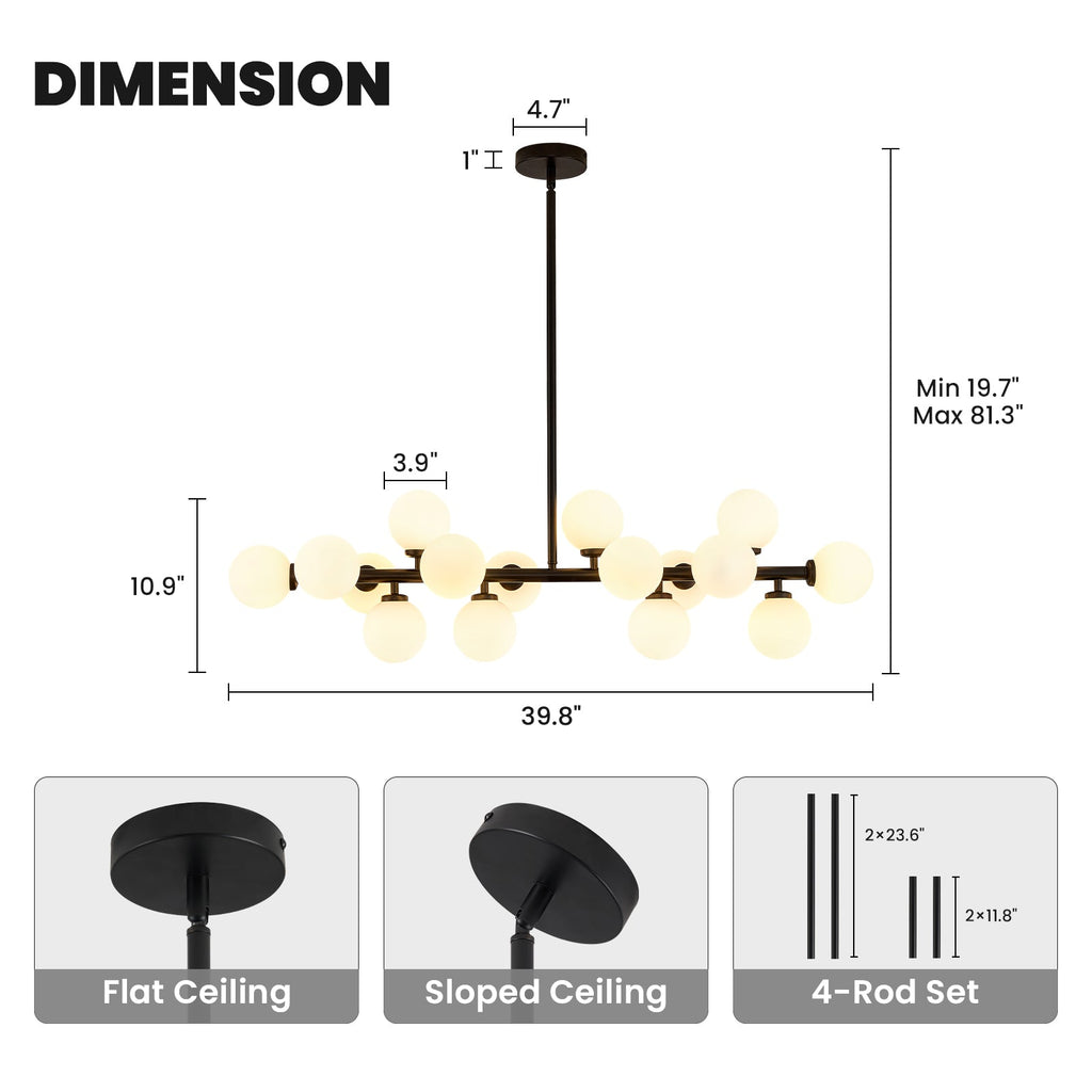 16-Light Mid Century Glass Chandelier 39in Modern Black Linear Pendant Fixture No Bulb