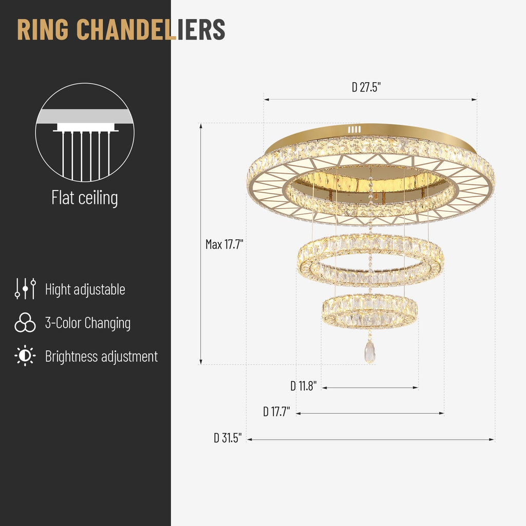 31.5 in. Luxury Gold 3-Tier Crystal Dimmable Integrated LED Chandelier with Remote Control for Living Room, Dining Room