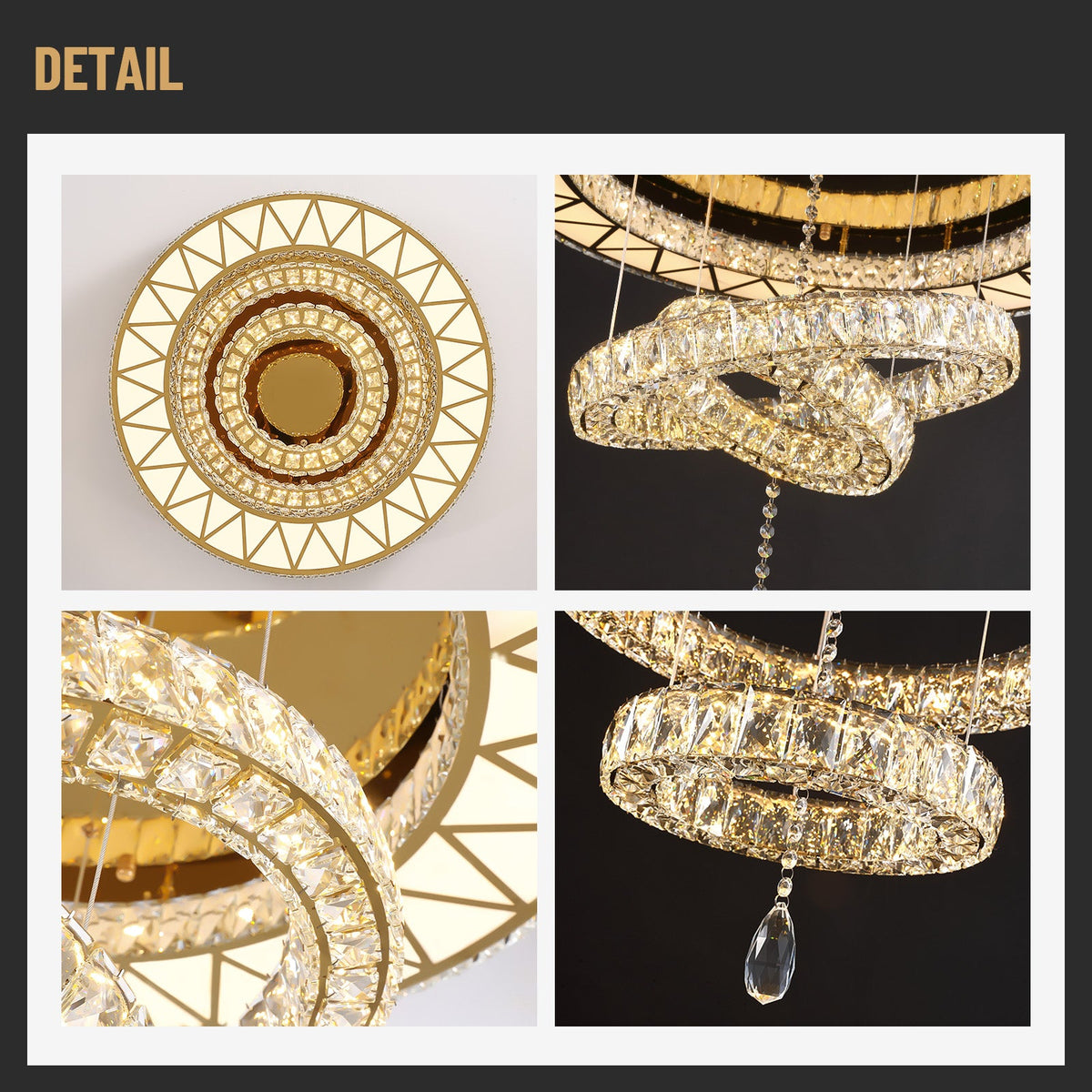 31.5 in. Luxury Gold 3-Tier Crystal Dimmable Integrated LED Chandelier with Remote Control for Living Room, Dining Room