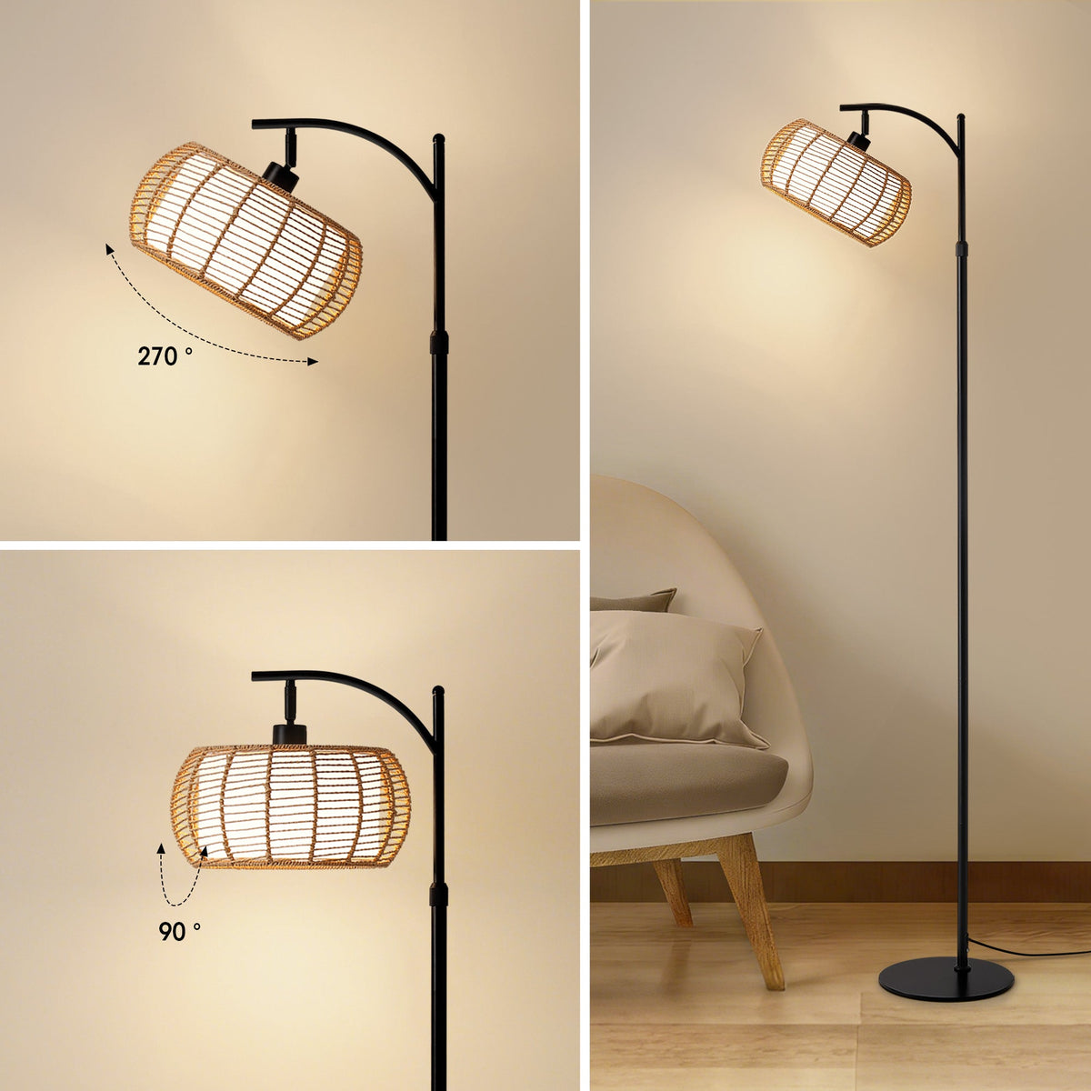 71 in. Black Boho 1-Light Standard Floor Lamp with Rattan and Fabric Shade for Living Room(Bulb not Included)