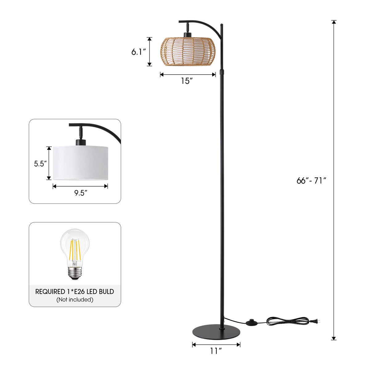 71 in. Black Boho 1-Light Standard Floor Lamp with Rattan and Fabric Shade for Living Room(Bulb not Included)