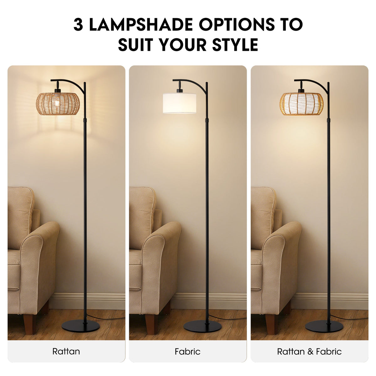 71 in. Black Boho 1-Light Standard Floor Lamp with Rattan and Fabric Shade for Living Room(Bulb not Included)