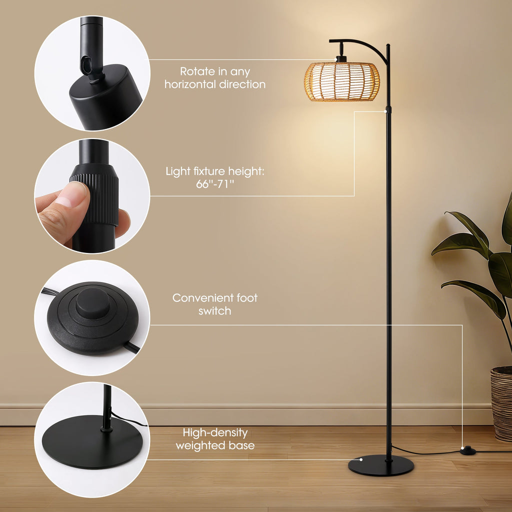 71 in. Black Boho 1-Light Standard Floor Lamp with Rattan and Fabric Shade for Living Room(Bulb not Included)