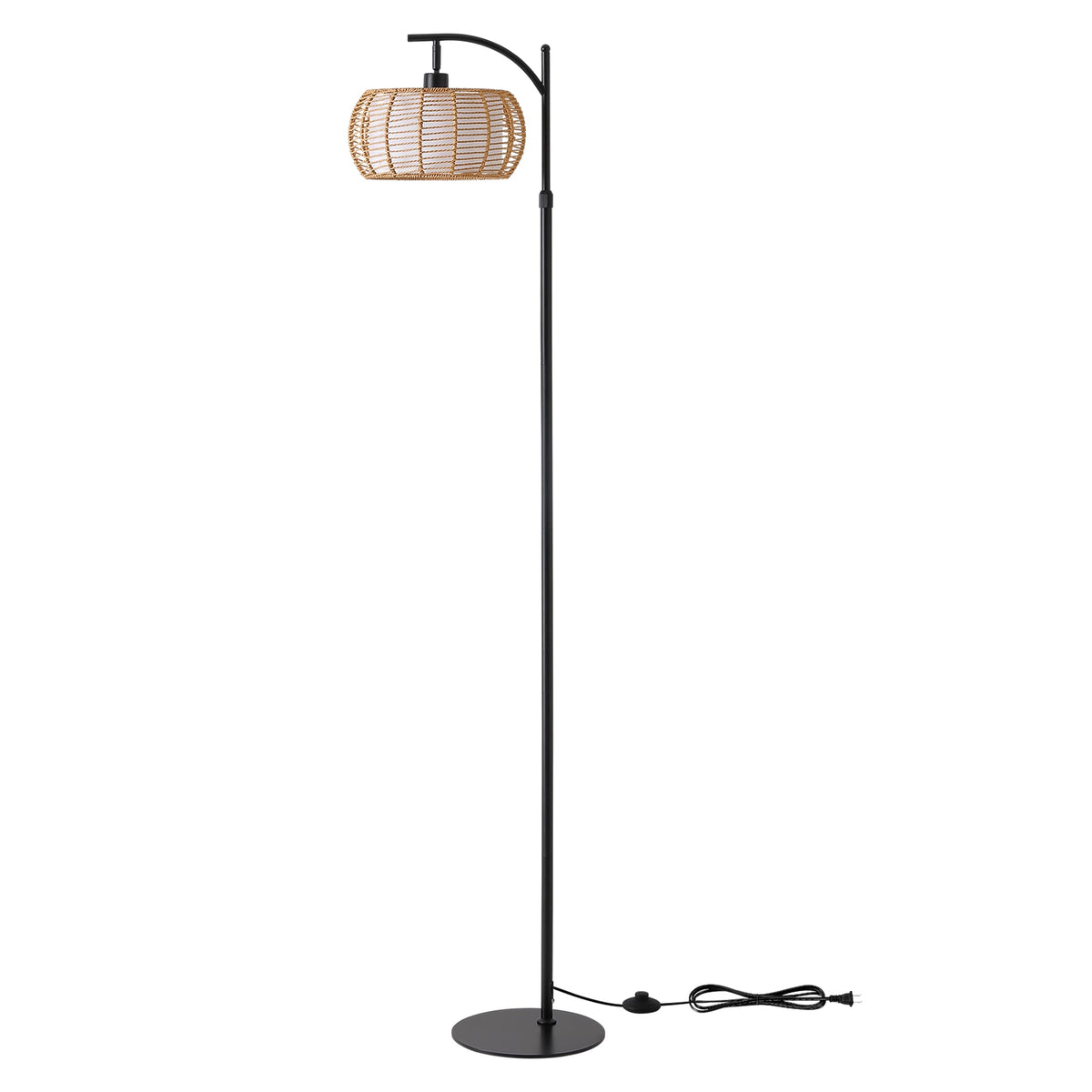71 in. Black Boho 1-Light Standard Floor Lamp with Rattan and Fabric Shade for Living Room(Bulb not Included)