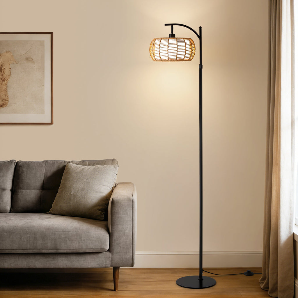 71 in. Black Boho 1-Light Standard Floor Lamp with Rattan and Fabric Shade for Living Room(Bulb not Included)