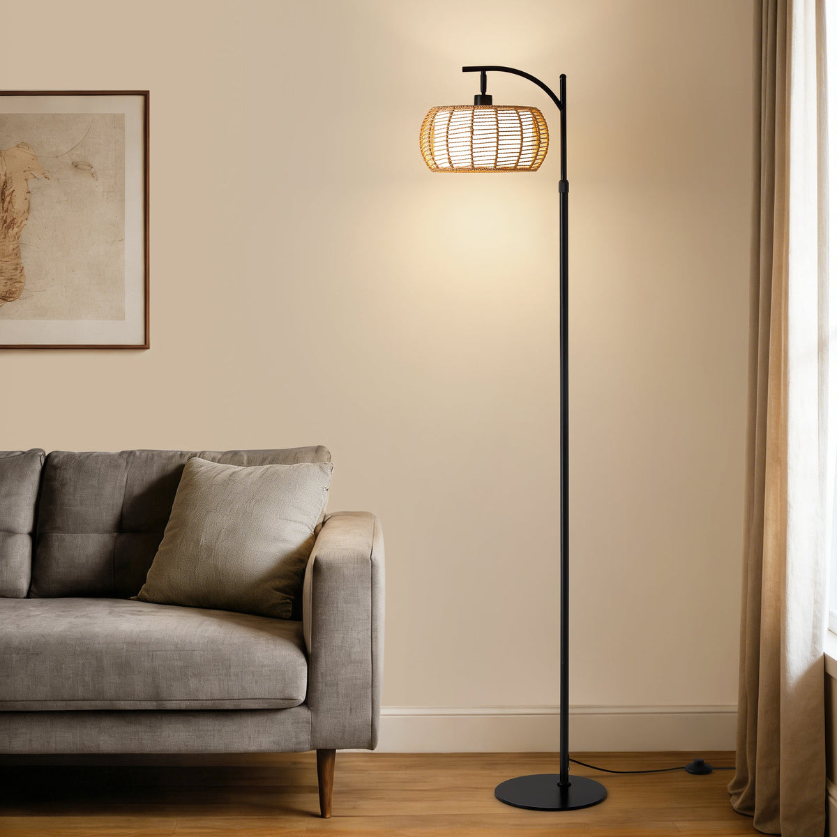 71 in. Black Boho 1-Light Standard Floor Lamp with Rattan and Fabric Shade for Living Room(Bulb not Included)