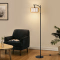 71 in. Black Boho 1-Light Standard Floor Lamp with Rattan and Fabric Shade for Living Room(Bulb not Included)