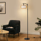 71 in. Black Boho 1-Light Standard Floor Lamp with Rattan and Fabric Shade for Living Room(Bulb not Included)