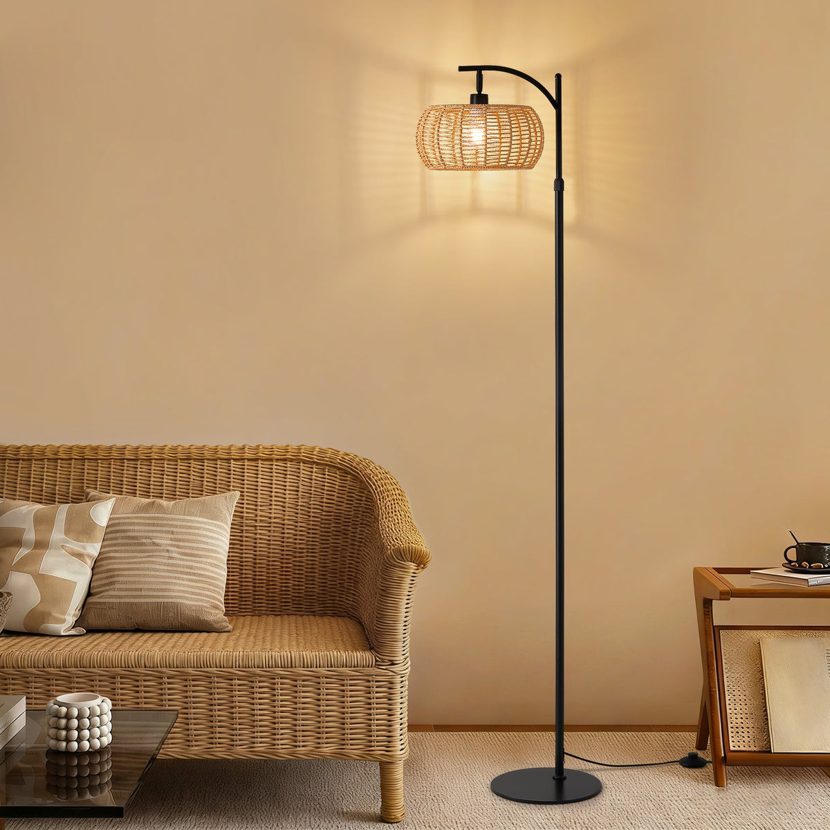 71 in. Black Boho 1-Light Standard Floor Lamp with Rattan and Fabric Shade for Living Room(Bulb not Included)