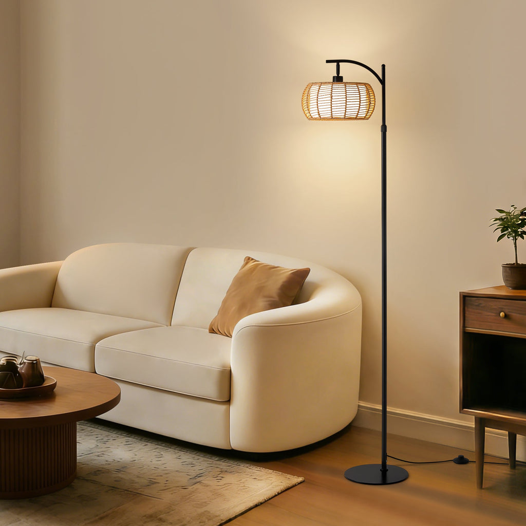71 in. Black Boho 1-Light Standard Floor Lamp with Rattan and Fabric Shade for Living Room(Bulb not Included)