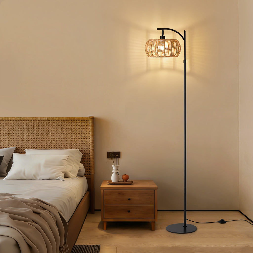71 in. Black Boho 1-Light Standard Floor Lamp with Rattan and Fabric Shade for Living Room(Bulb not Included)