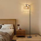 71 in. Black Boho 1-Light Standard Floor Lamp with Rattan and Fabric Shade for Living Room(Bulb not Included)