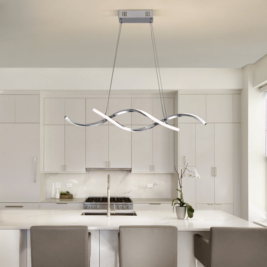 35in LED Wave Chandelier, Dimmable Silver Pendant Light with Remote Control for Dining Room