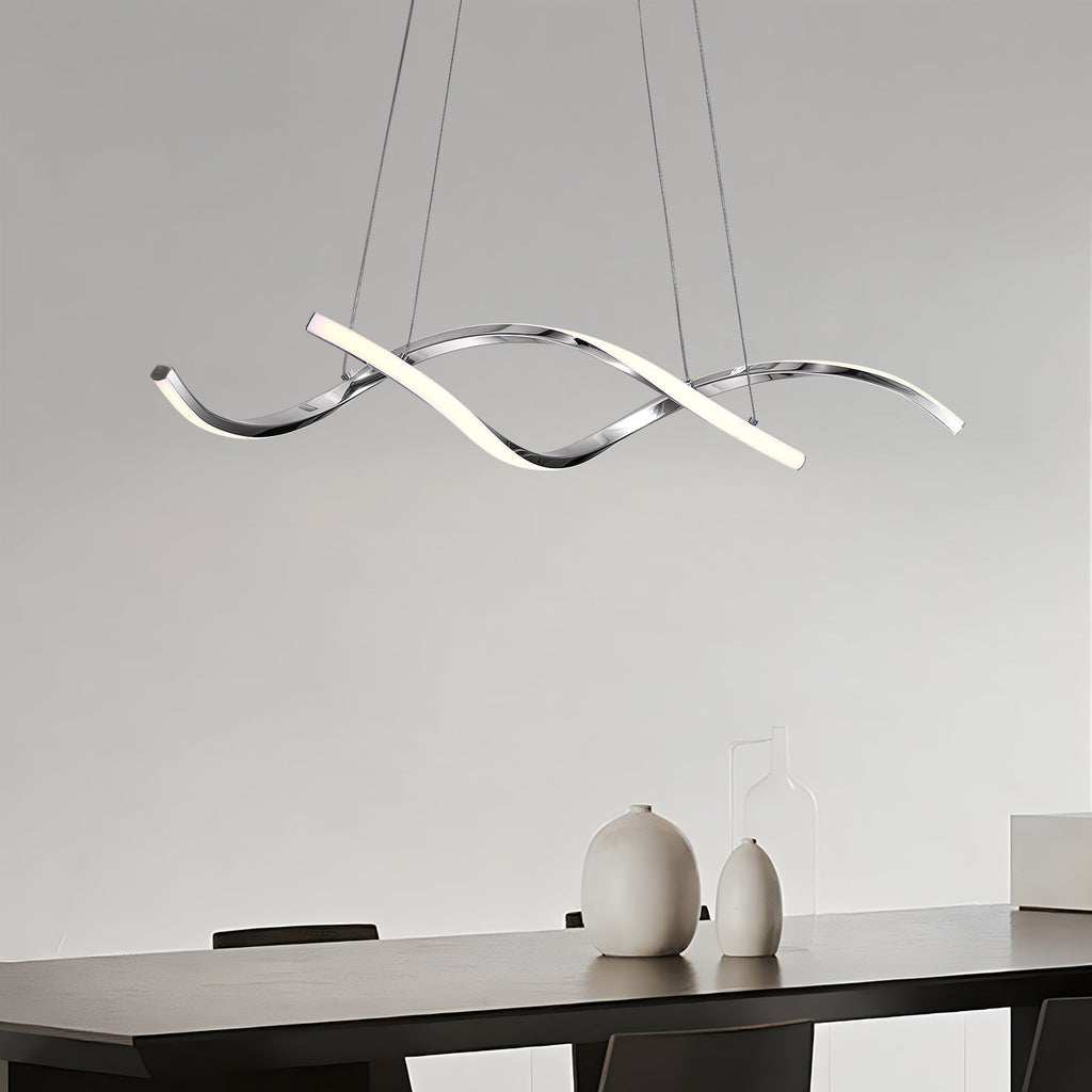 35in LED Wave Chandelier, Dimmable Silver Pendant Light with Remote Control for Dining Room