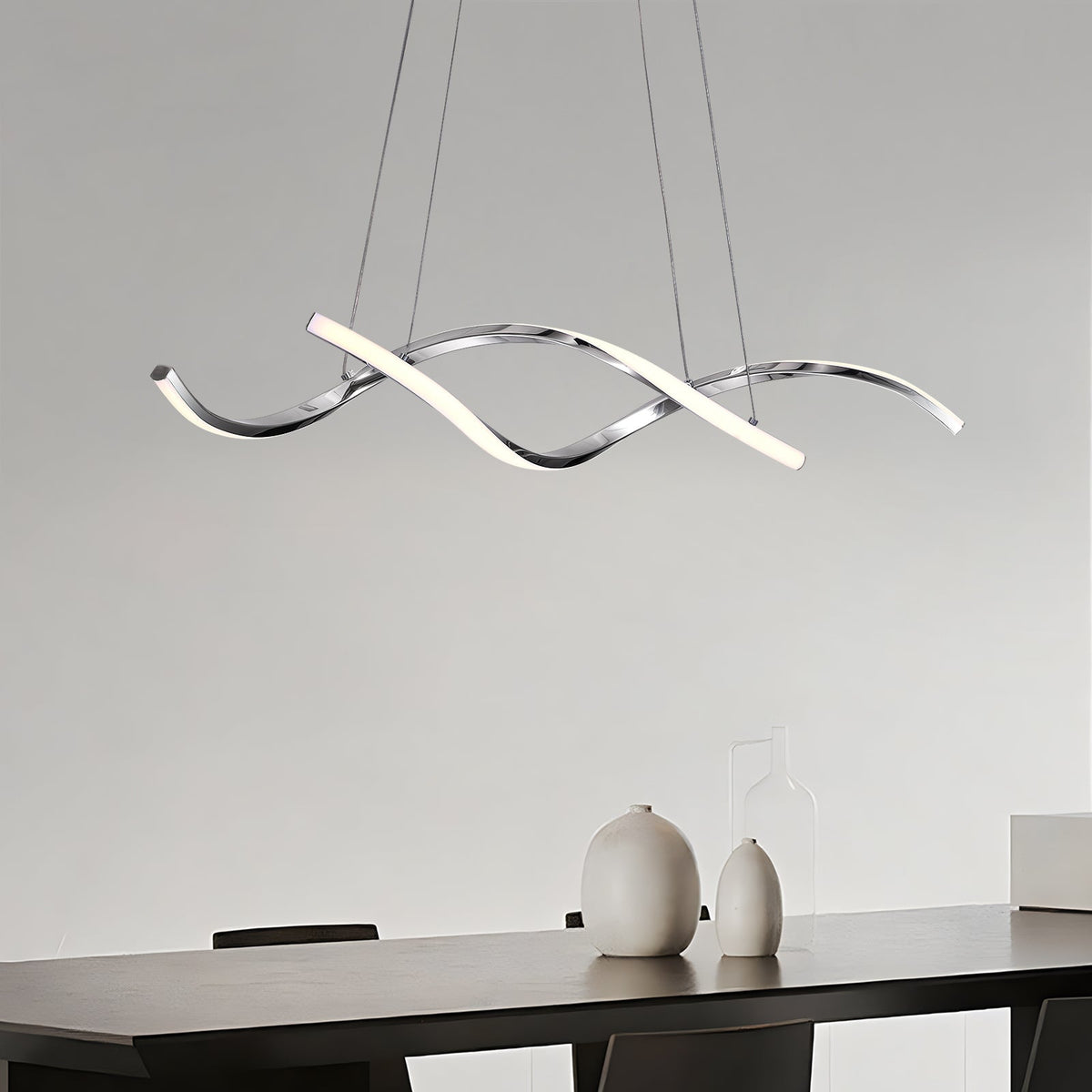 35in LED Wave Chandelier, Dimmable Silver Pendant Light with Remote Control for Dining Room
