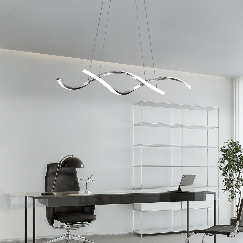 35in LED Wave Chandelier, Dimmable Silver Pendant Light with Remote Control for Dining Room