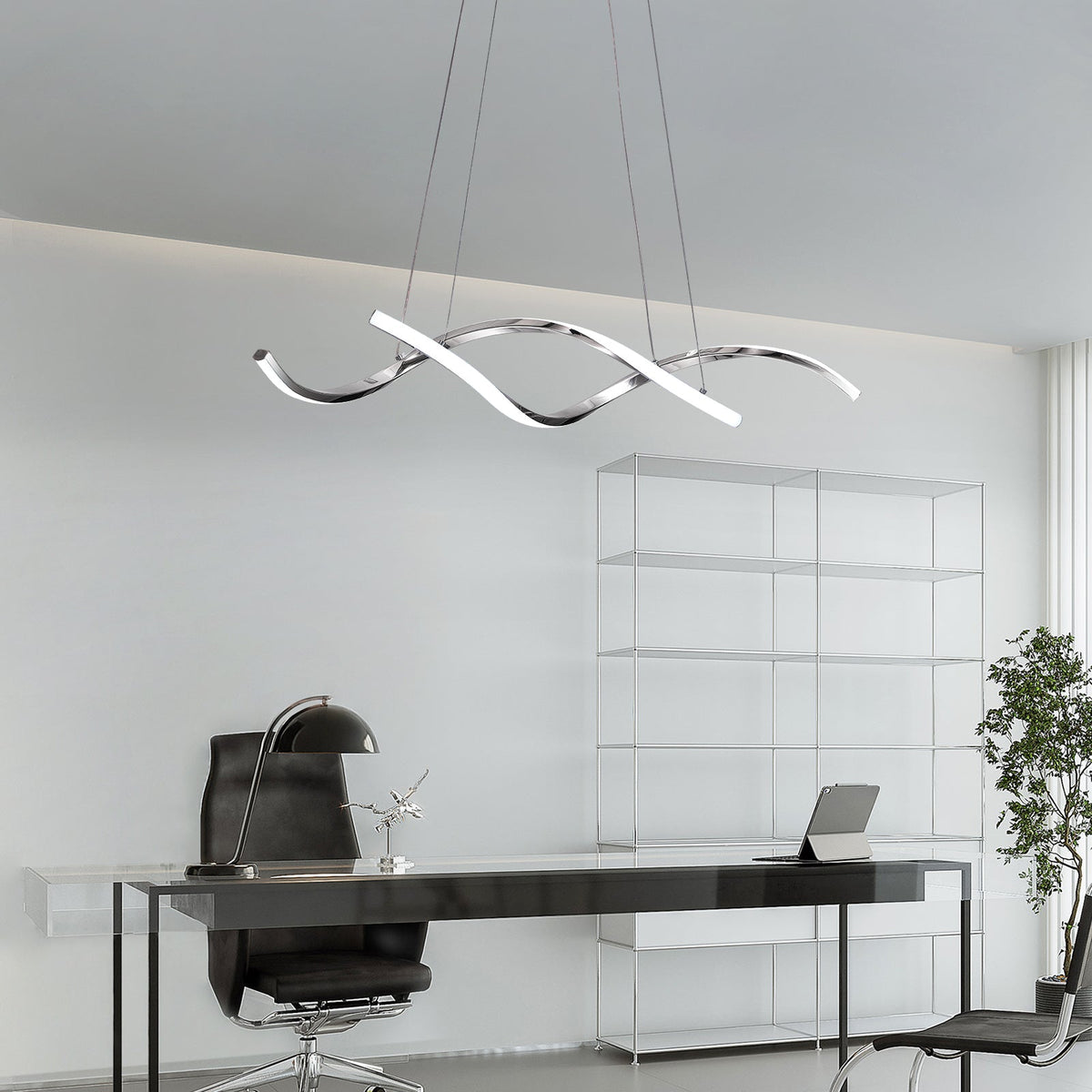 35in LED Wave Chandelier, Dimmable Silver Pendant Light with Remote Control for Dining Room