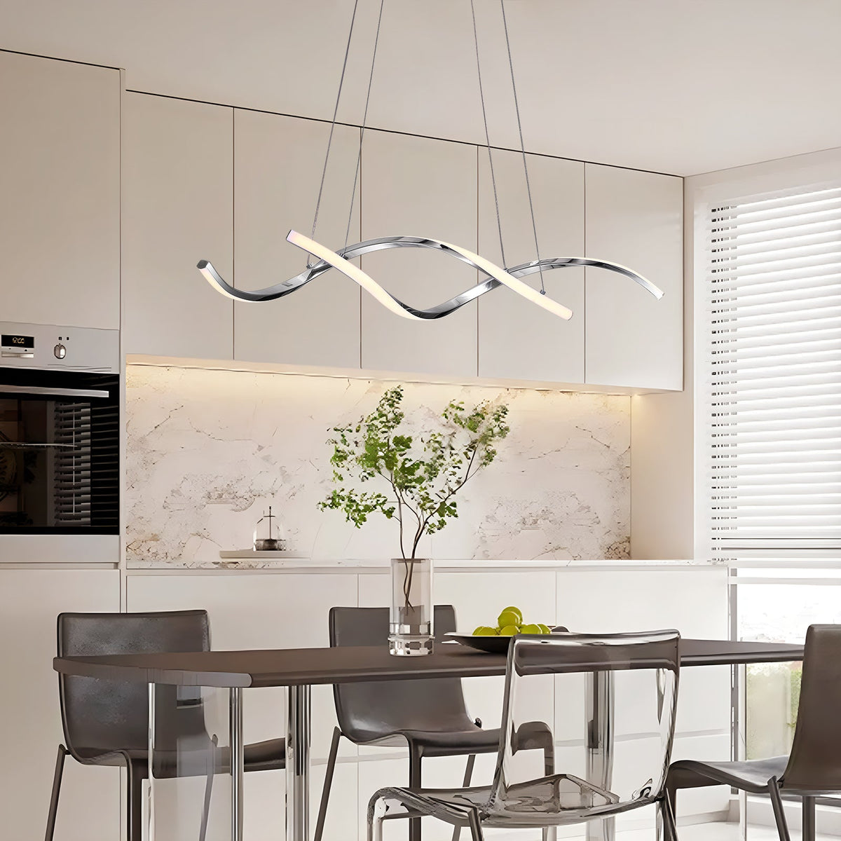 35in LED Wave Chandelier, Dimmable Silver Pendant Light with Remote Control for Dining Room