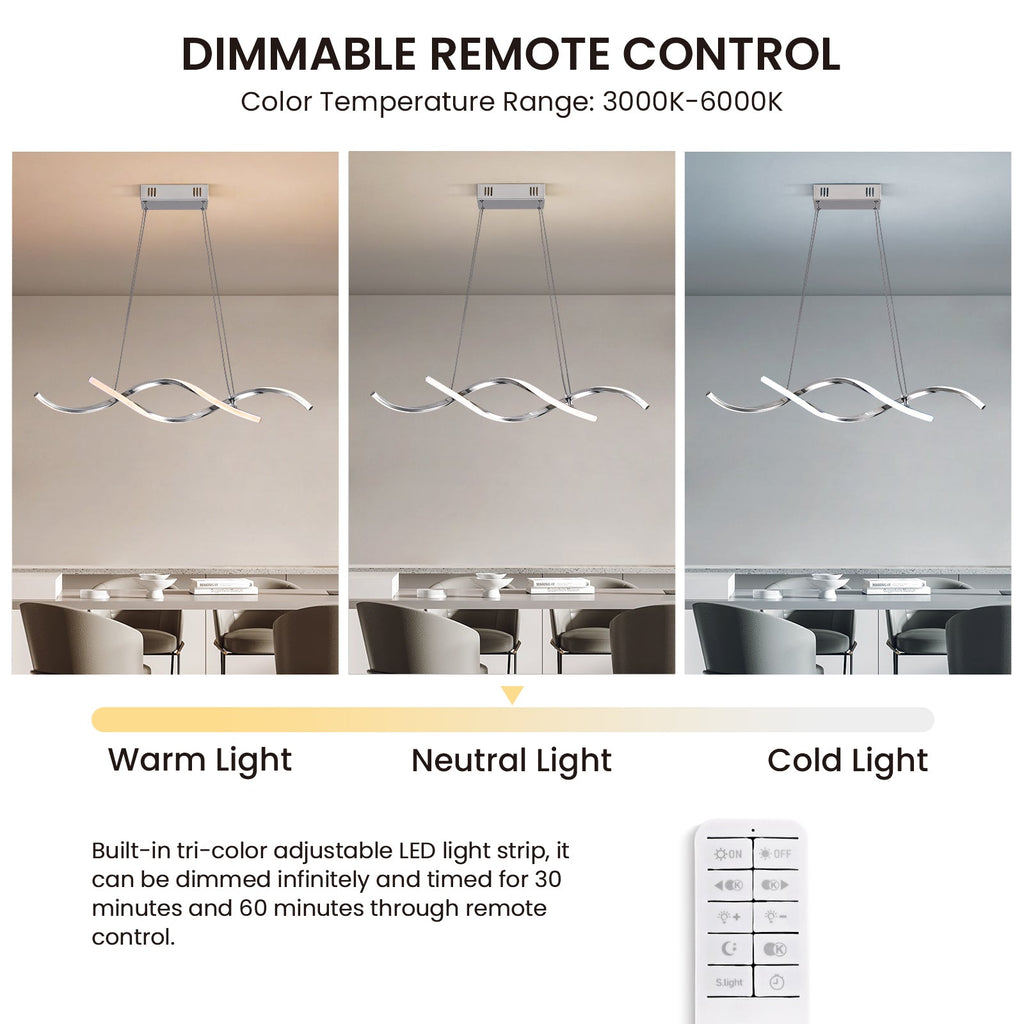 35in LED Wave Chandelier, Dimmable Silver Pendant Light with Remote Control for Dining Room