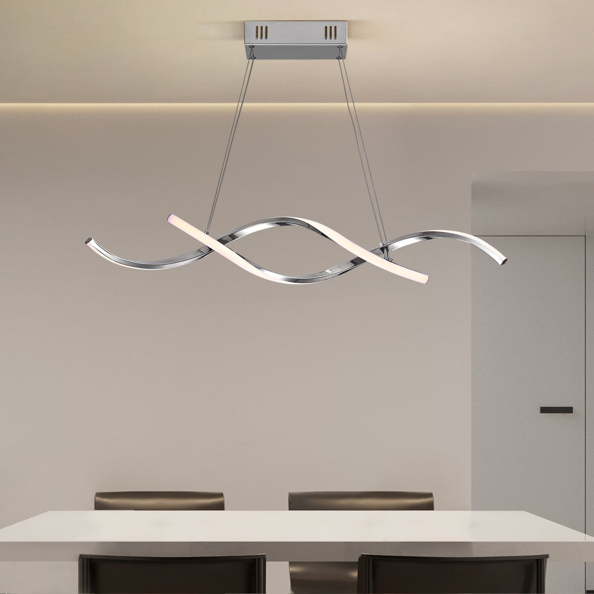 35in LED Wave Chandelier, Dimmable Silver Pendant Light with Remote Control for Dining Room