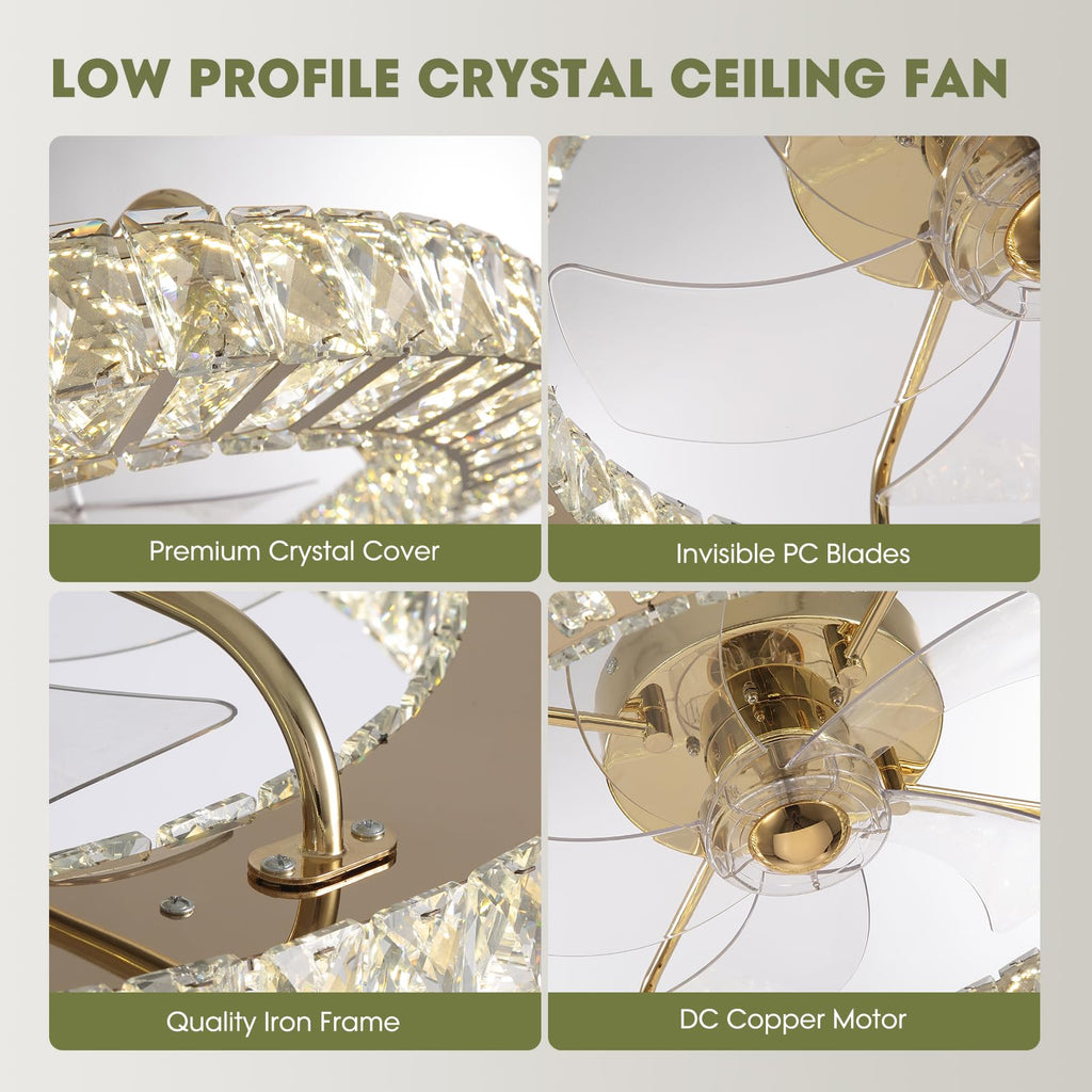 Modern 22 in. Indoor Gold Low Profile Crystal Chandelier Ceiling Fan with Light with Remote Included