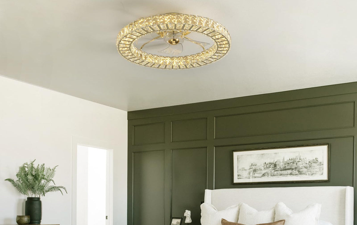 Modern 22 in. Indoor Gold Low Profile Crystal Chandelier Ceiling Fan with Light with Remote Included