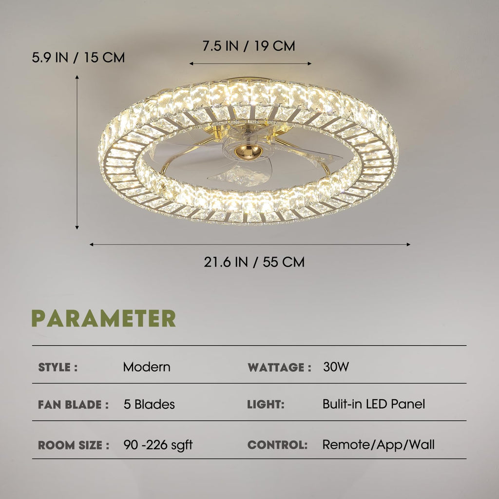 Modern 22 in. Indoor Gold Low Profile Crystal Chandelier Ceiling Fan with Light with Remote Included