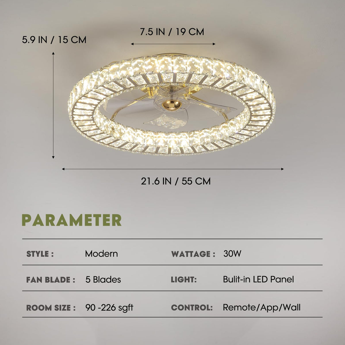 Modern 22 in. Indoor Gold Low Profile Crystal Chandelier Ceiling Fan with Light with Remote Included
