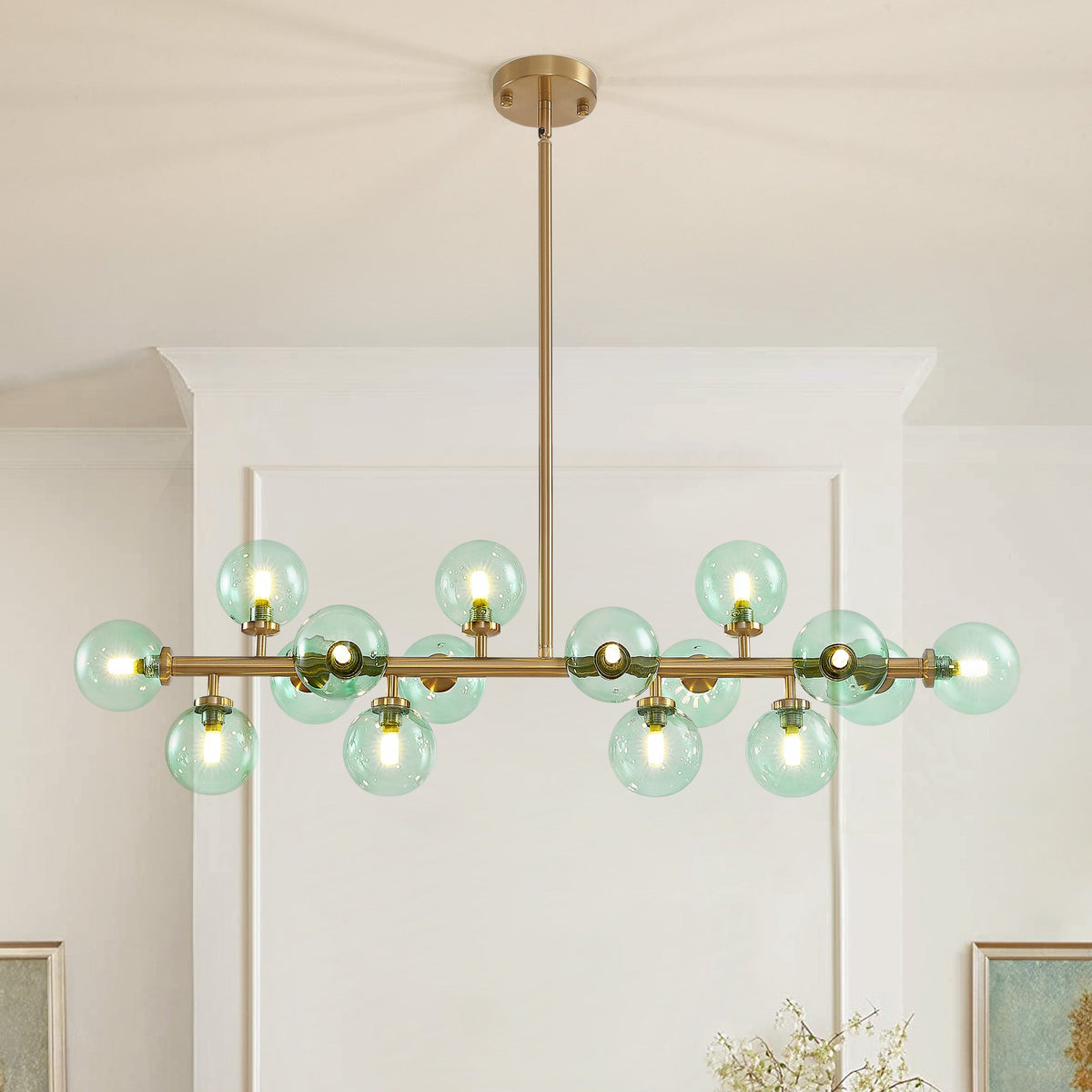 16-Light Modern Dimmable Bubble Glass Sputnik Green and Gold Globe Chandelier for Dining Room and Living Room