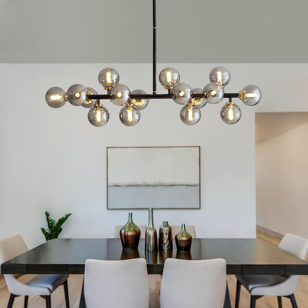 Modern 16 Lights Gray Glass Globe Chandelier for Dining Room Kitchen Island with No Bulbs
