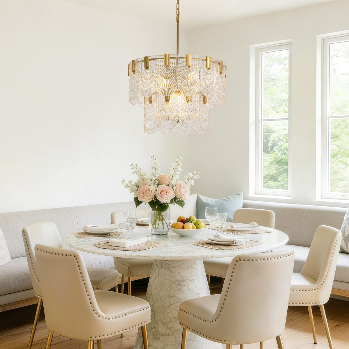 23.6 in. Modern 9-Light Gold Crystal Chandelier Circle Drum Round 2-Tiers Chandelier for Dining Living Room Bedroom