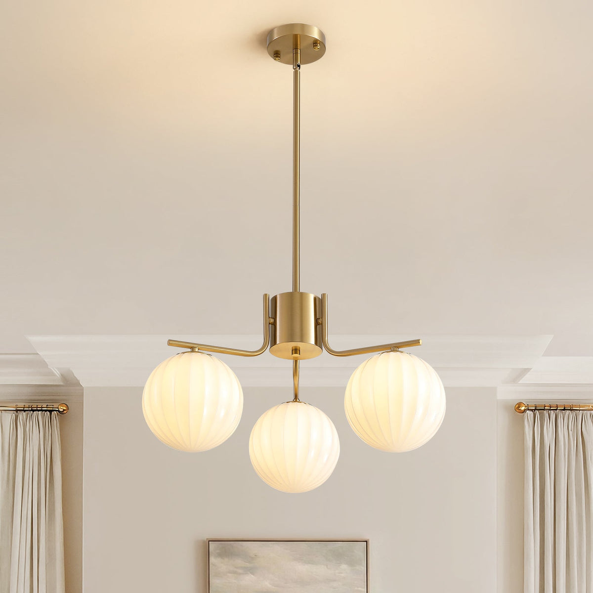 24in Gold 3-Light Pendant with Watermelon Glass Shades, Adjustable for Sloped Ceilings
