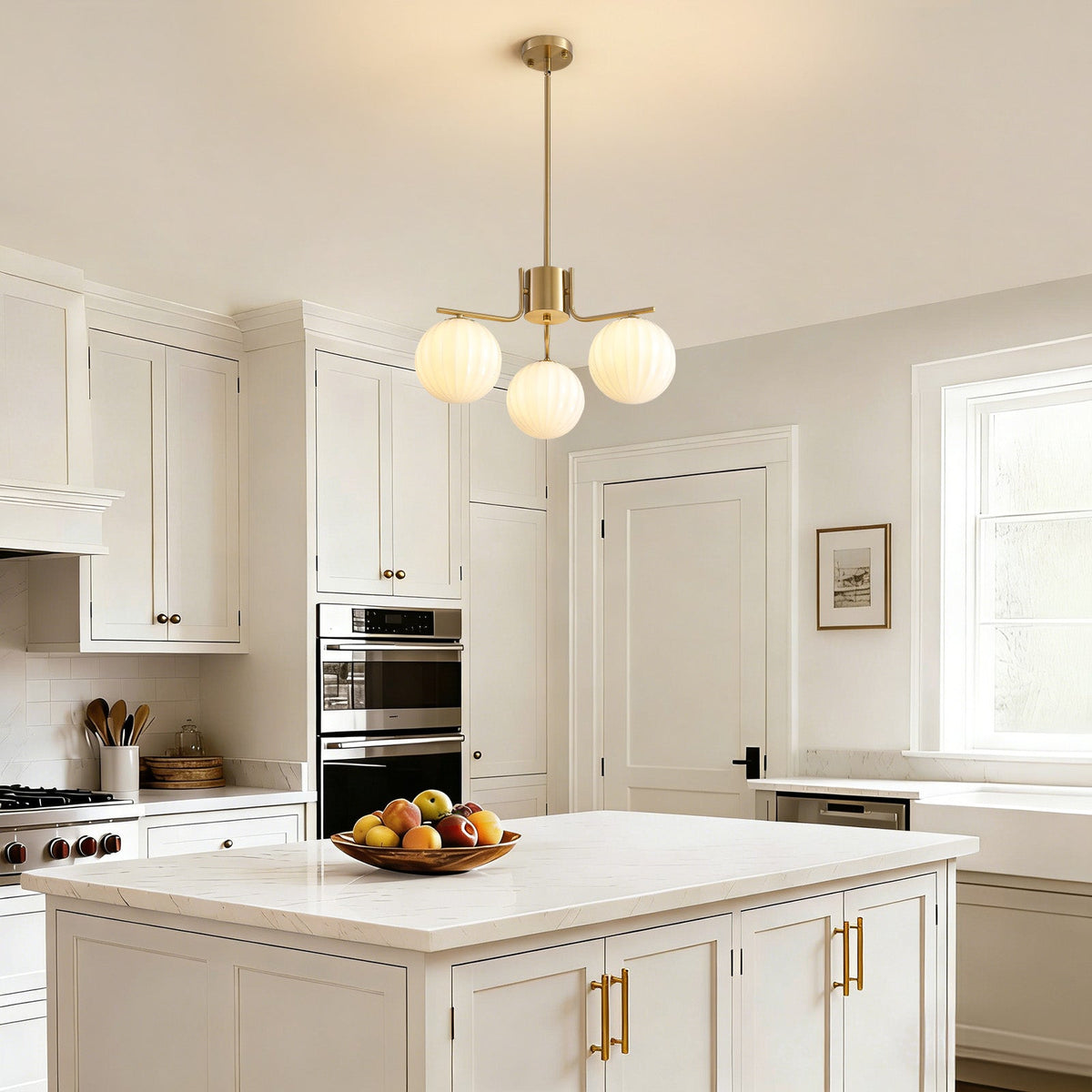 24in Gold 3-Light Pendant with Watermelon Glass Shades, Adjustable for Sloped Ceilings