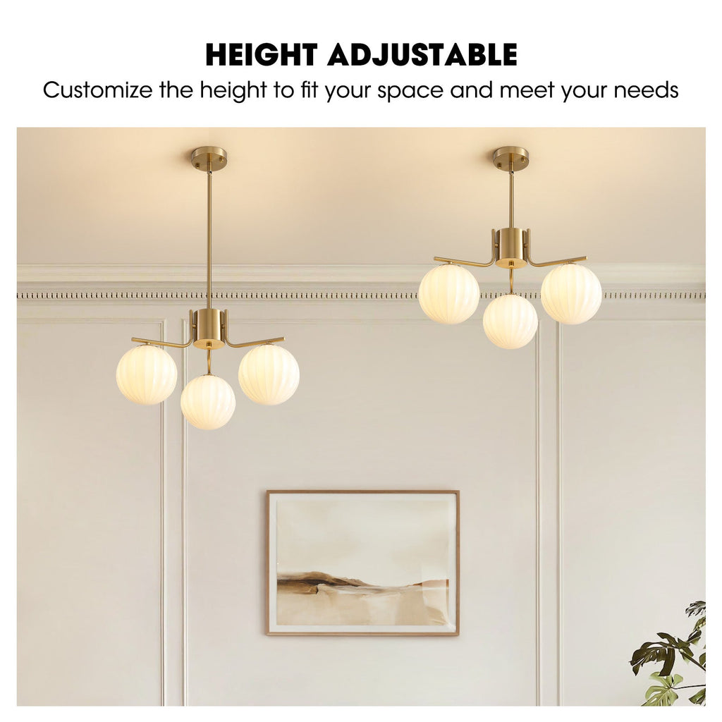 24in Gold 3-Light Pendant with Watermelon Glass Shades, Adjustable for Sloped Ceilings