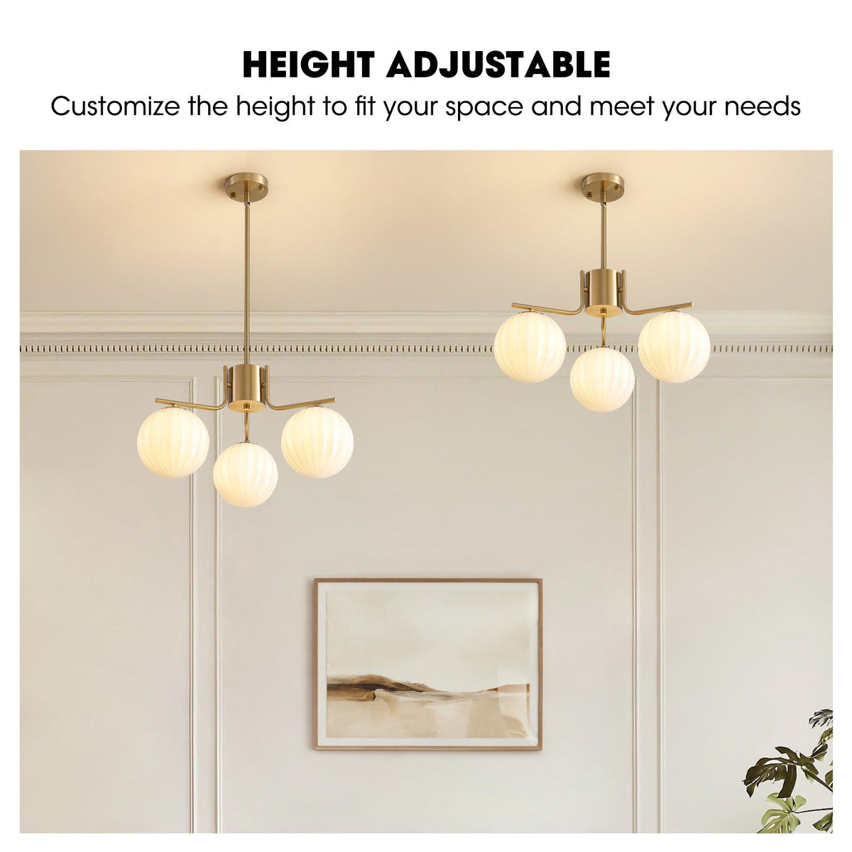 24in Gold 3-Light Pendant with Watermelon Glass Shades, Adjustable for Sloped Ceilings