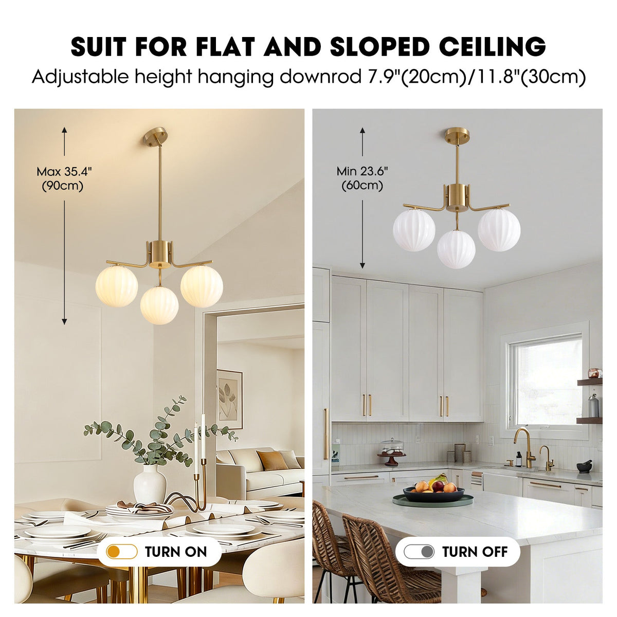 24in Gold 3-Light Pendant with Watermelon Glass Shades, Adjustable for Sloped Ceilings