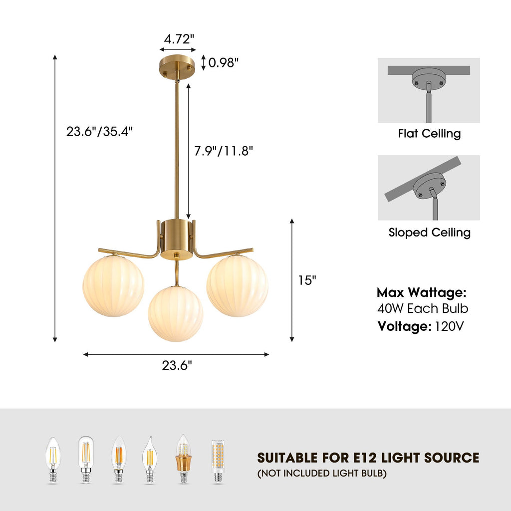24in Gold 3-Light Pendant with Watermelon Glass Shades, Adjustable for Sloped Ceilings