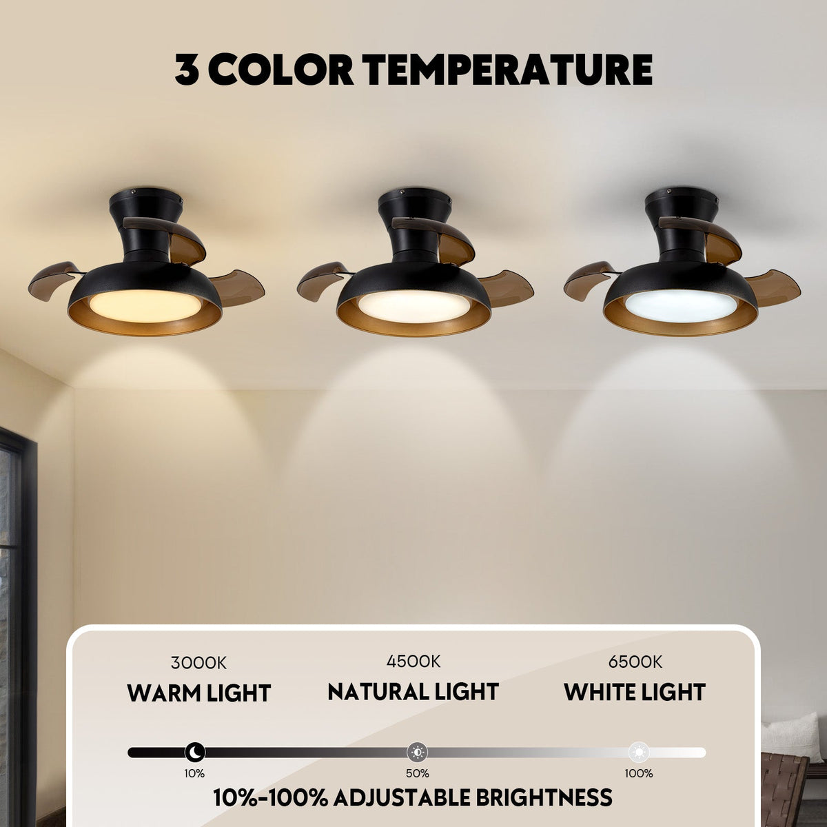 23in Smart Black Retractable Low Profile Ceiling Fan with LED Light