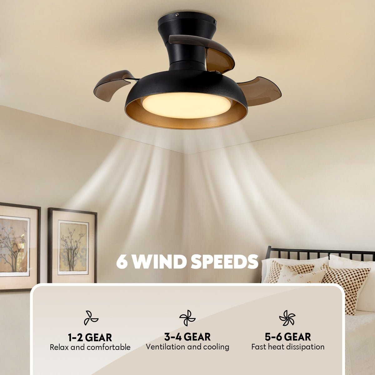 23in Smart Black Retractable Low Profile Ceiling Fan with LED Light