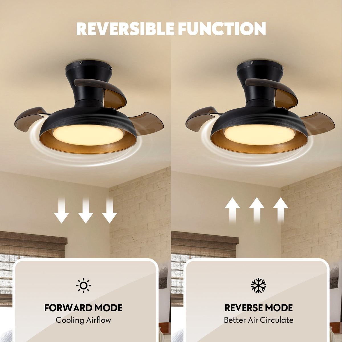 23in Smart Black Retractable Low Profile Ceiling Fan with LED Light