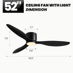 52 in. Smart Indoor Modern Black Low Profile Ceiling Fans with Remote and Wall Control with Dimmable Integrated LED