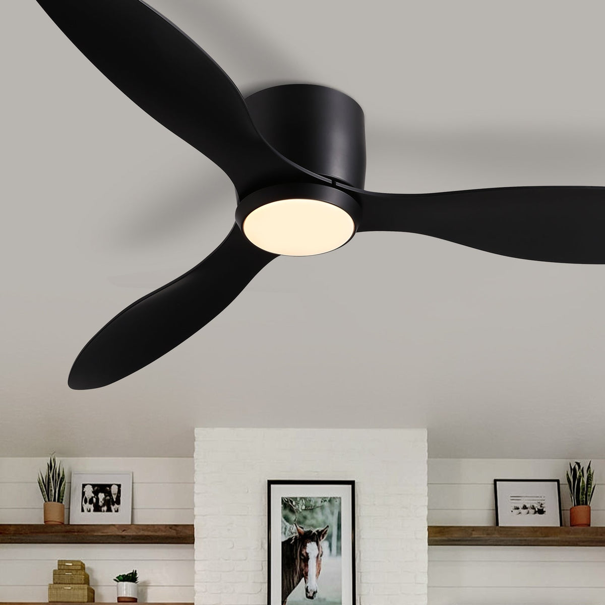 52 in. Smart Indoor Modern Black Low Profile Ceiling Fans with Remote and Wall Control with Dimmable Integrated LED