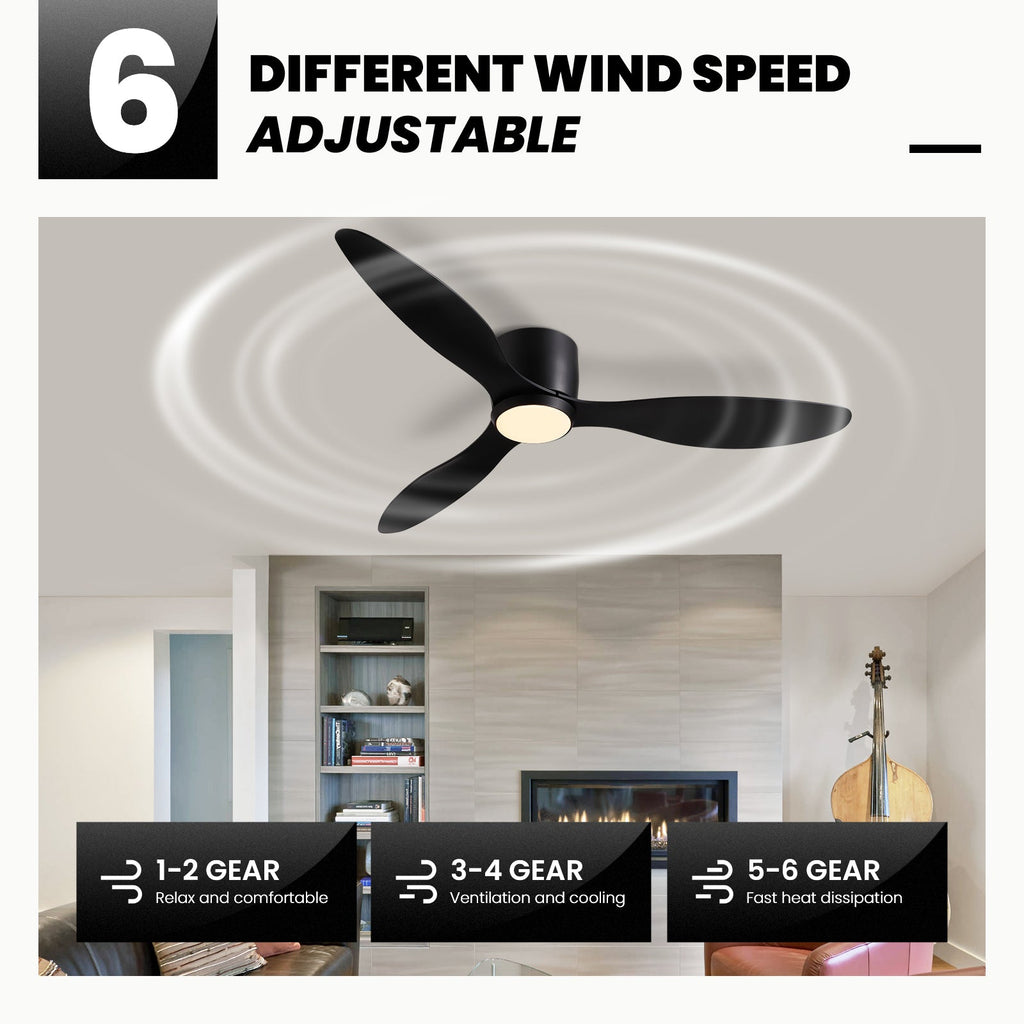 52 in. Smart Indoor Modern Black Low Profile Ceiling Fans with Remote and Wall Control with Dimmable Integrated LED