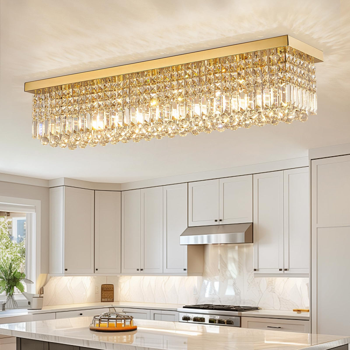 40in 8-Light Gold Rectangle Flush Mount with K9 Clear Crystal Shade and No Bulbs Included