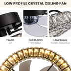 22 in. LED Smart Indoor Black Flush Mount Fandelier Low Profile Crystal Chandelier Ceiling Fan with Remote Control