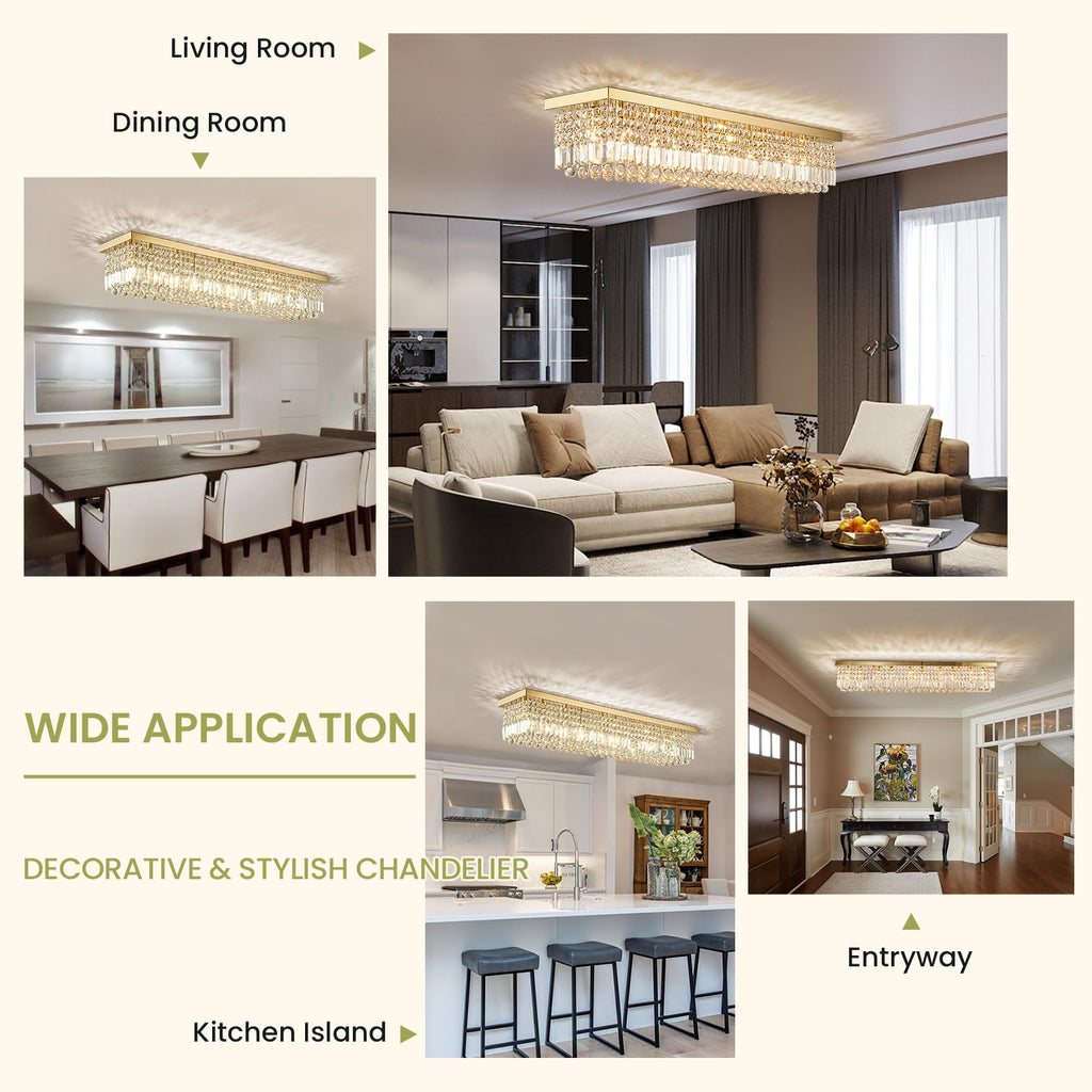 47in Modern 10-Light Gold Rectangle K9 Crystal Chandelier Dimmable for Dining Room (No Bulbs)