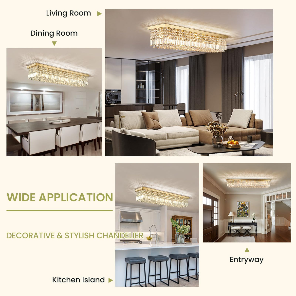 47in Modern 10-Light Gold Rectangle K9 Crystal Chandelier Dimmable for Dining Room (No Bulbs)